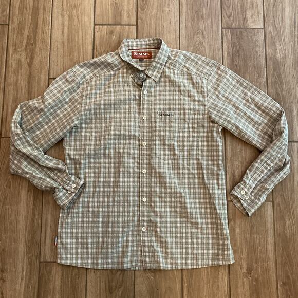 Simms Fishing Long Sleeve Shirt Green Plaid Fishing Water Resistant Large - Picture 1 of 8